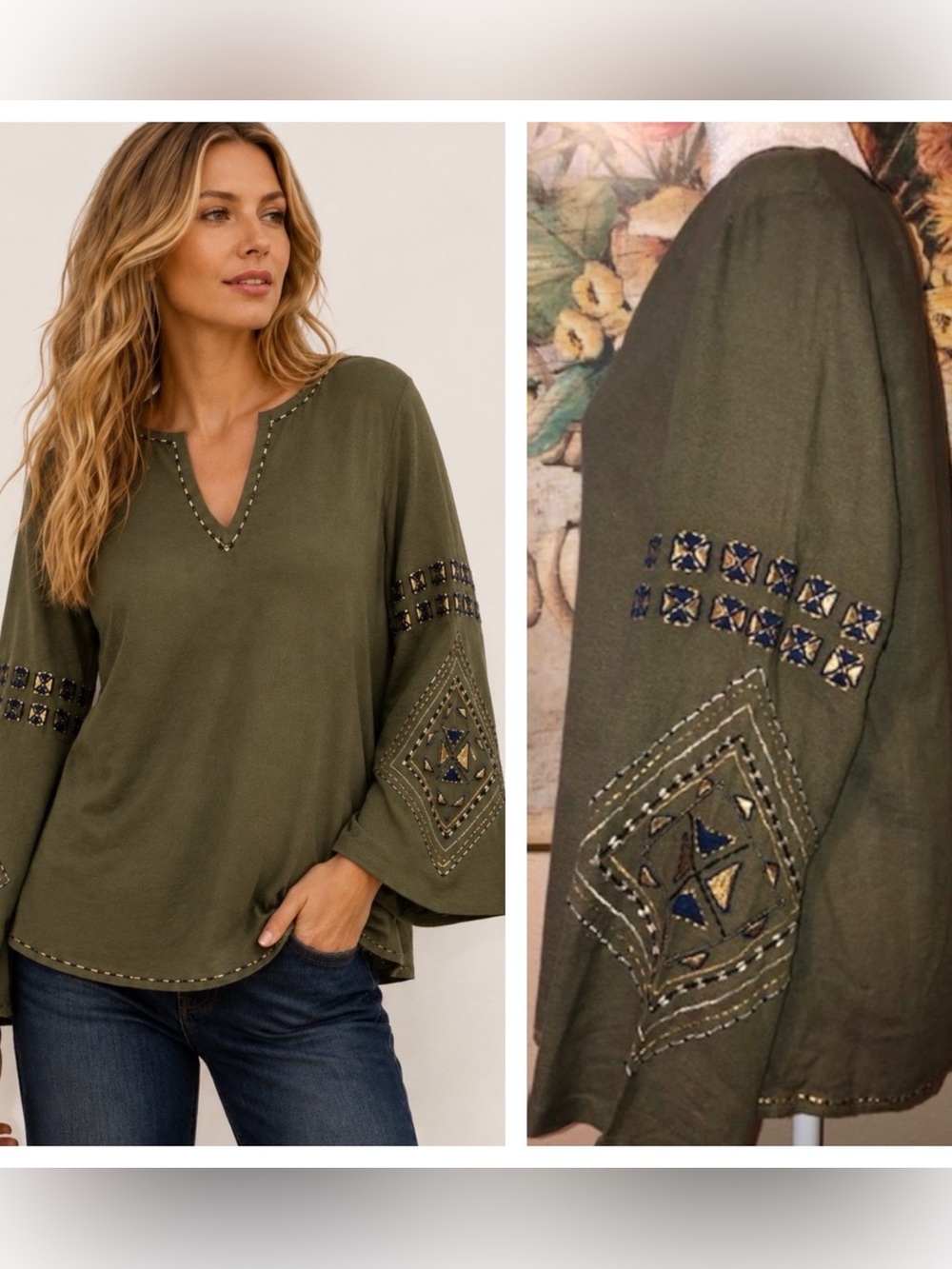 NWT Sz S Anthropologie Piper by Townsen Olive Green Embroidered Shirt